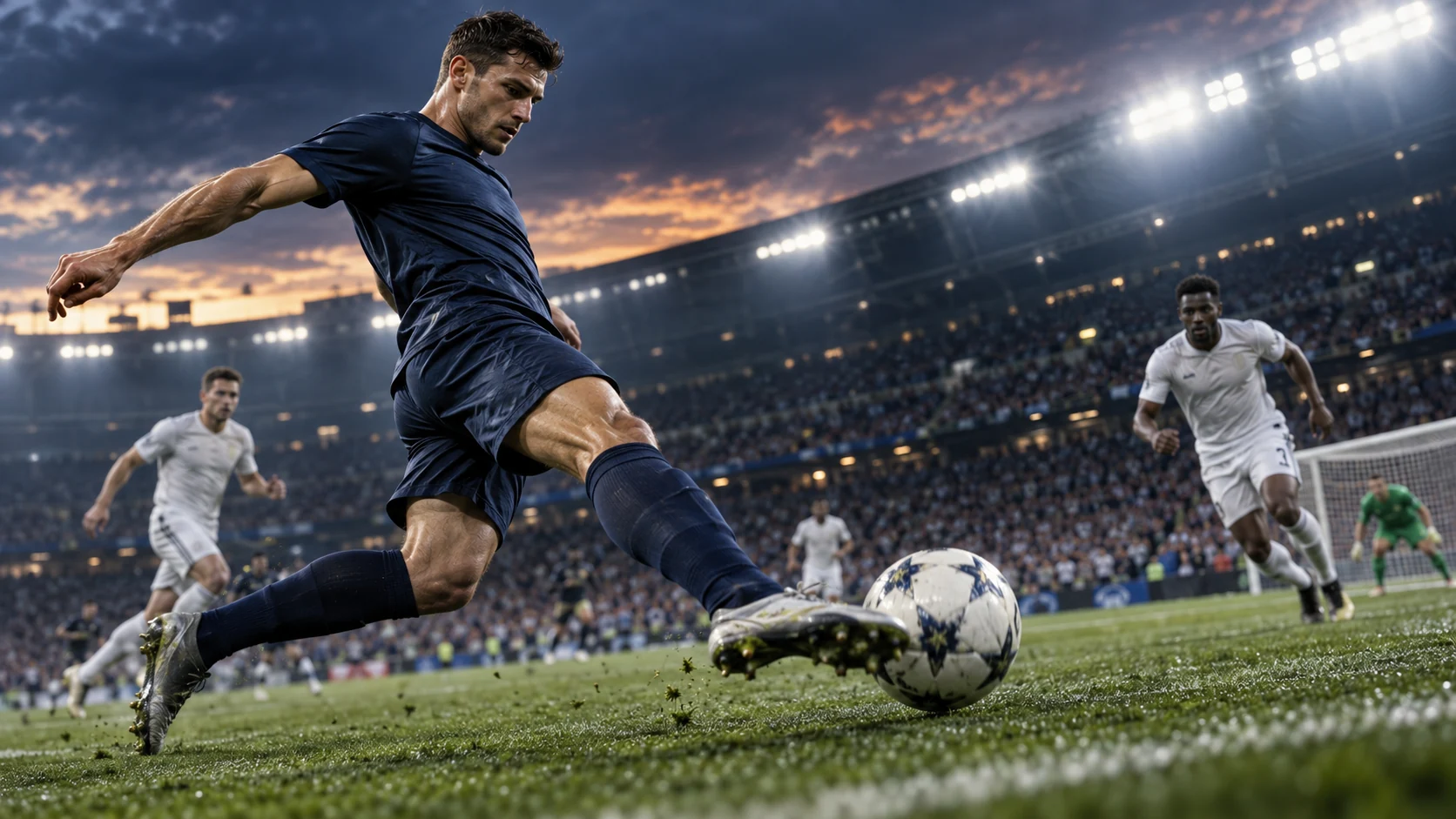 Scenă sportivă ilustrativă originală: fotbalist într-un stadion luminat